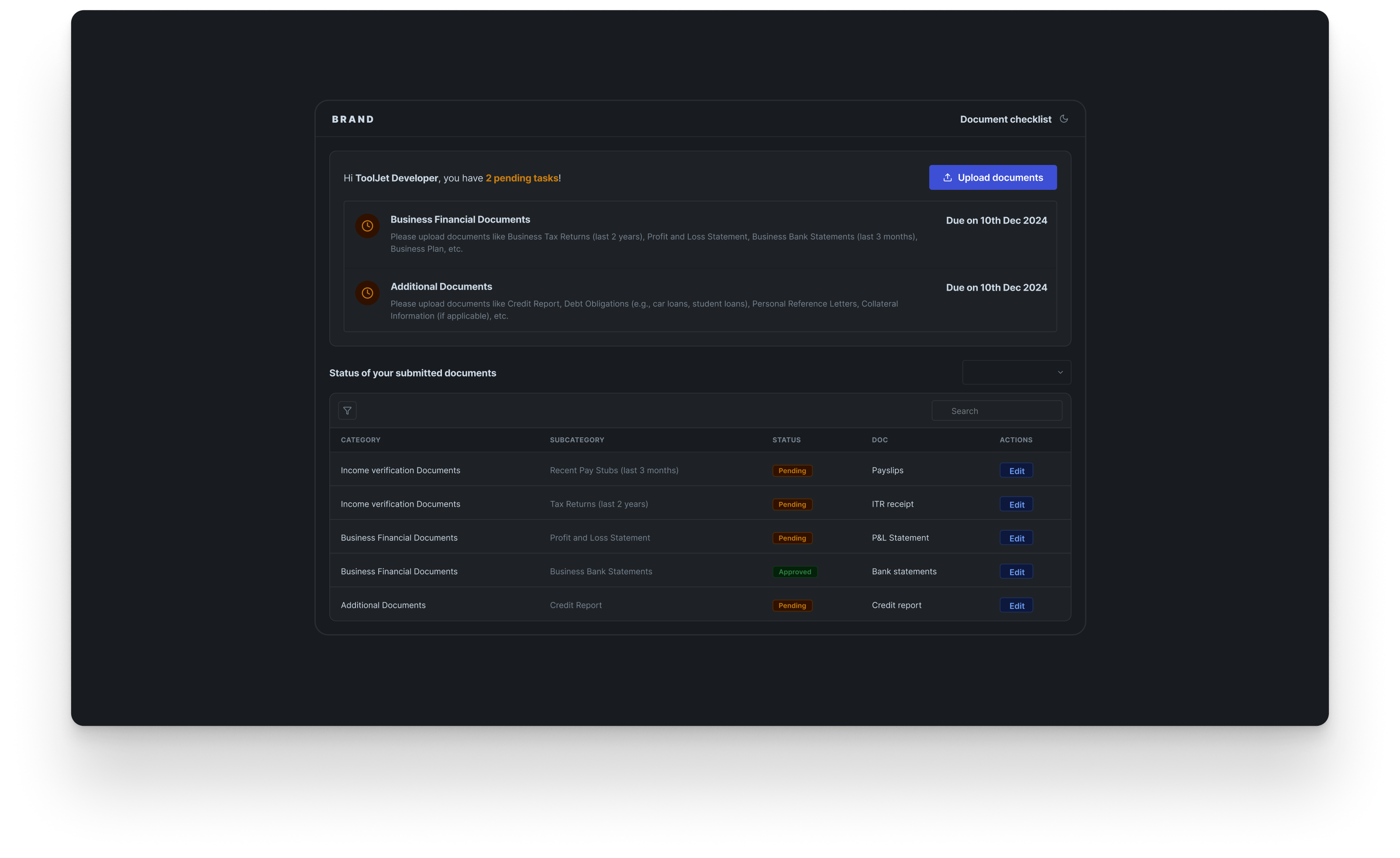 Documentation checklist
