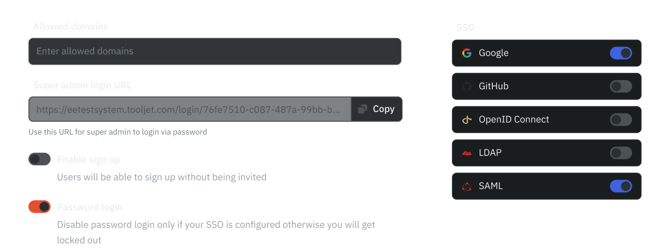 Authentication settings panel