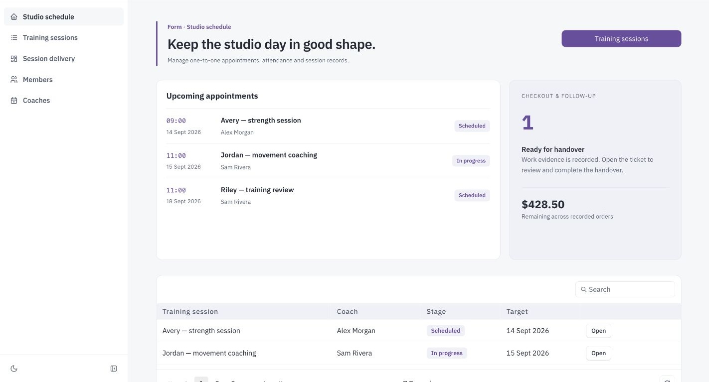 Form fitness studio management dashboard showing coach agenda with delivered sessions and outstanding checkouts